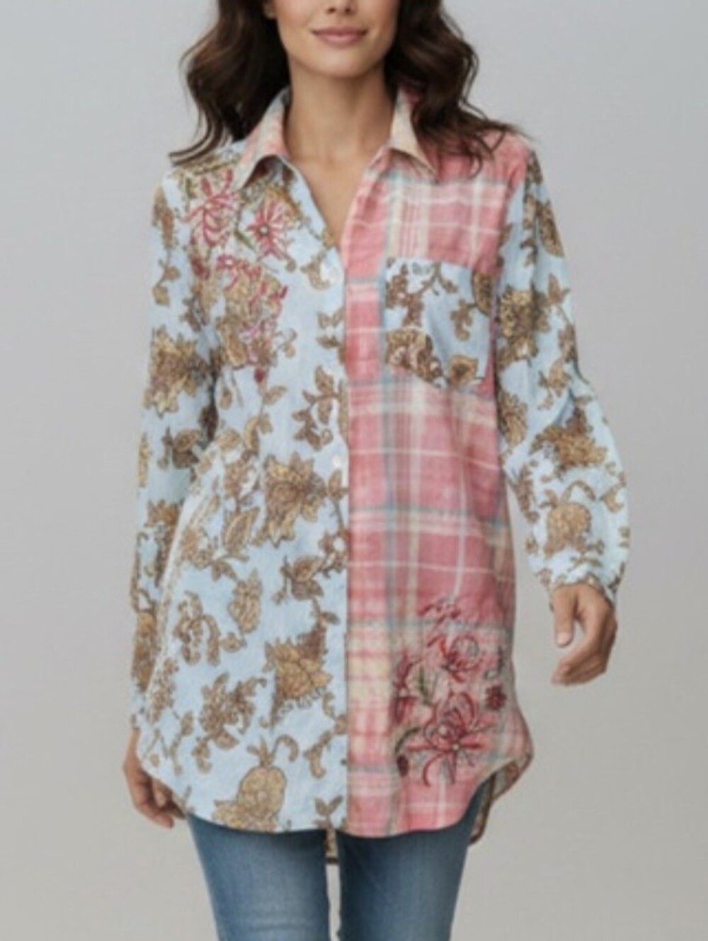 SOFT SURROUNDINGS Descansa Embroidered Shirt L Floral Plaid Embroidered Top